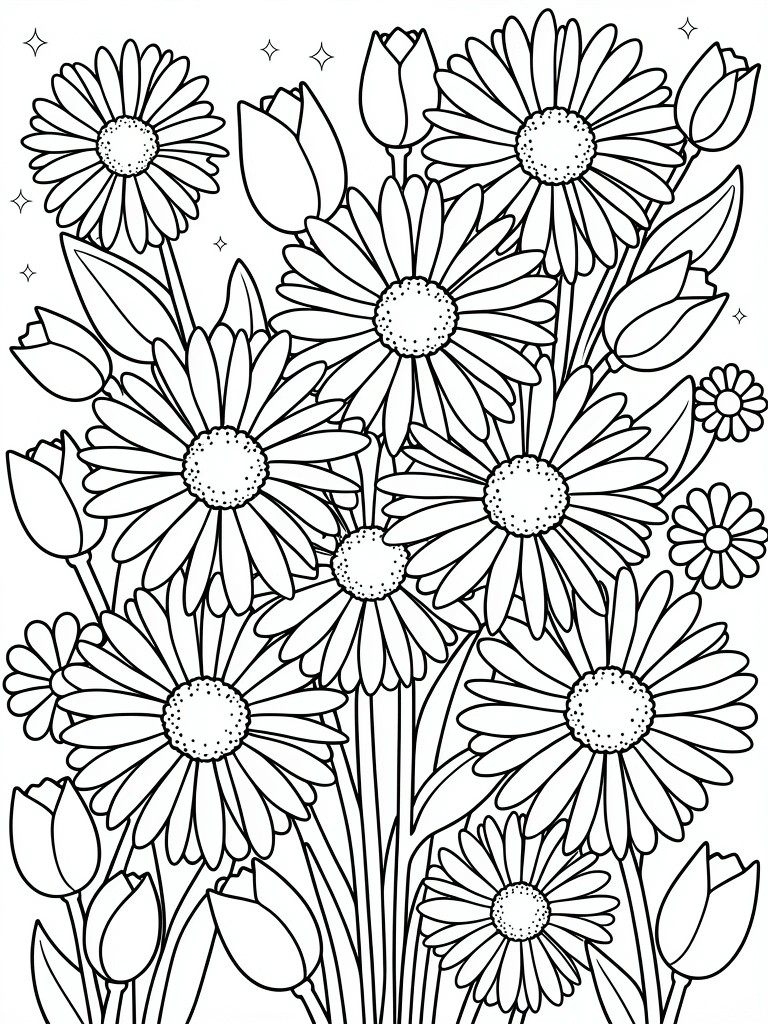 A black and white coloring page showing a dense arrangement of daisies and tulips with leaves and small star shapes.