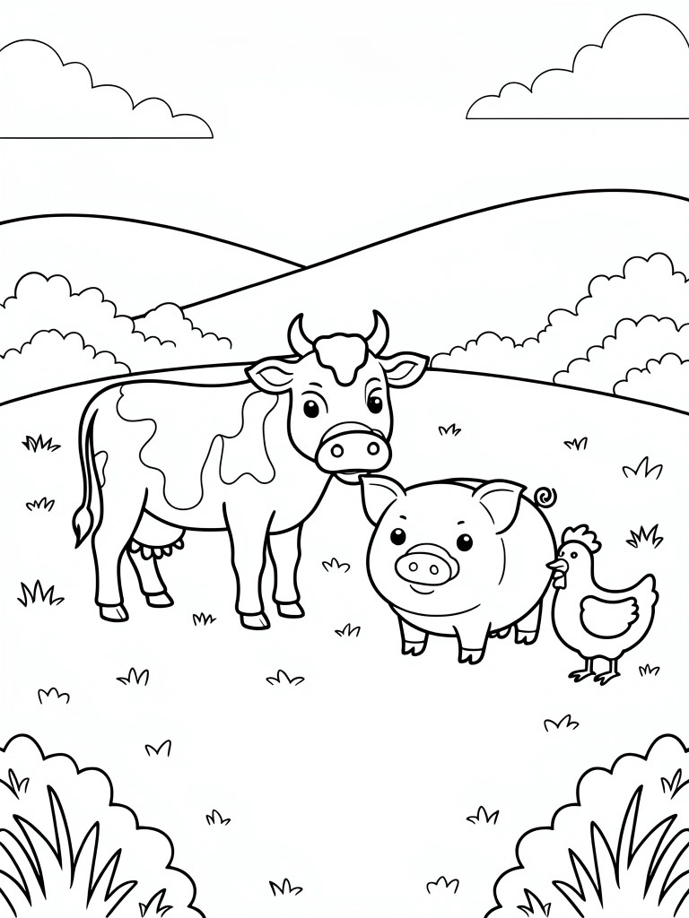 Cartoon cow, pig, and chicken in grassy field with hills and clouds.