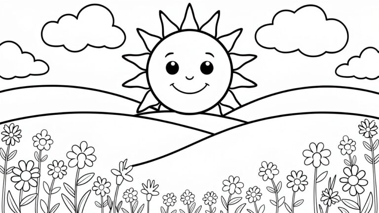 Smiling sun over hills with clouds, flowers, and blank rectangle below.