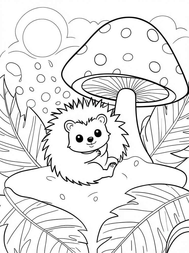 Cute cartoon hedgehog sitting under large spotted mushroom amid leaves and clouds