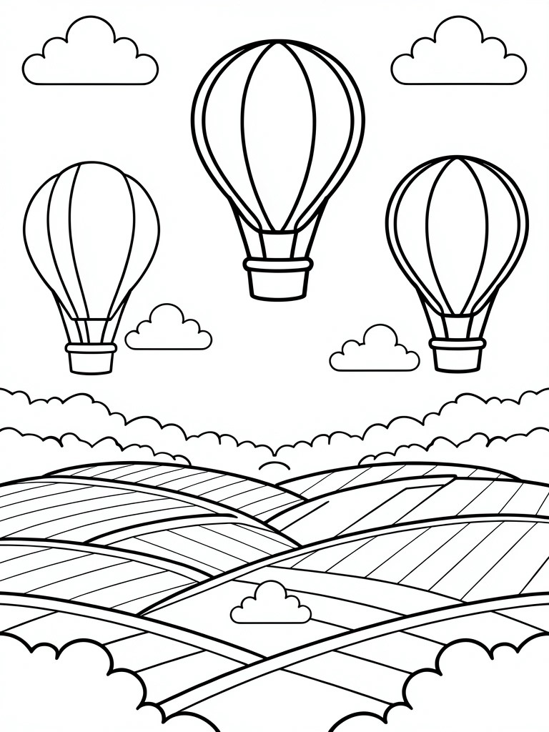 A black and white line drawing of three hot air balloons floating above rolling hills with clouds in the sky.