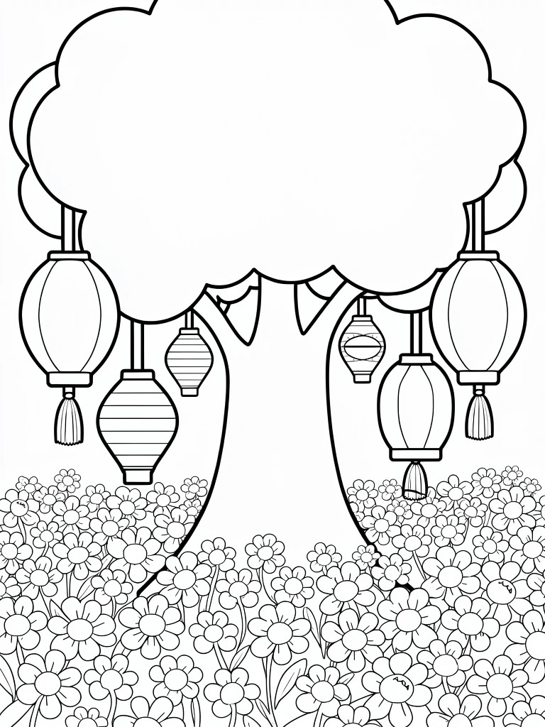 Coloring page with hanging Chinese lanterns above dense flower bushes.