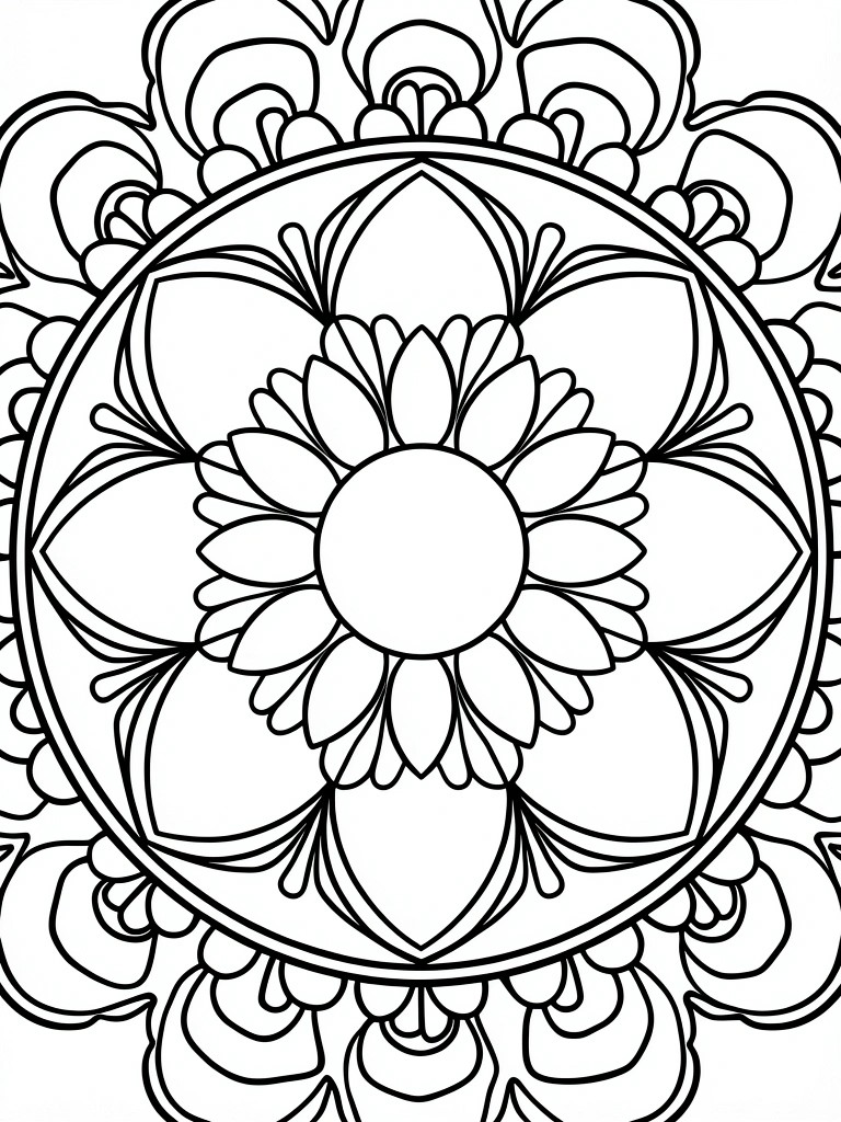 Intricate black-and-white mandala with symmetrical floral petals and layered circular patterns.