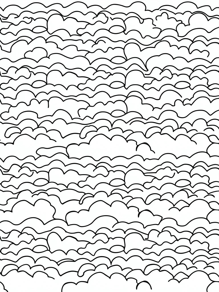 A black and white coloring page filled with horizontal layers of wavy cloud-like shapes.