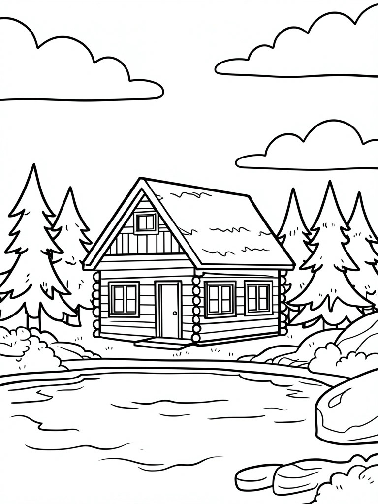 A black and white line drawing of a log cabin next to a pond with pine trees, rocks, and clouds.