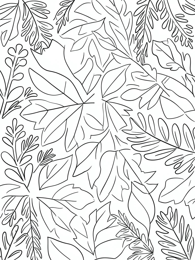 Black and white line art of dense overlapping tropical leaves and ferns.