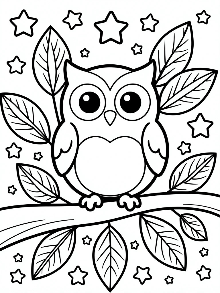 Cute cartoon owl on branch amid leaves and scattered stars