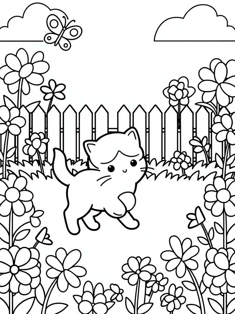Cartoon cat walking in flower garden with picket fence, clouds, and butterfly