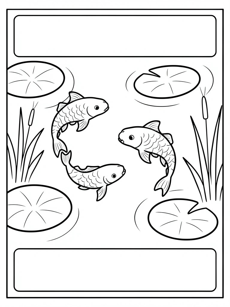 Two fish swimming among lily pads and reeds in a pond coloring page