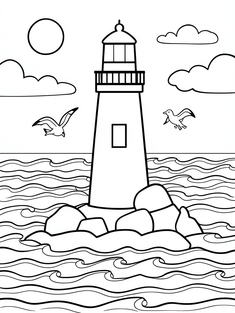 Black-and-white line drawing of lighthouse on rocks amid waves, with birds, sun, and clouds.