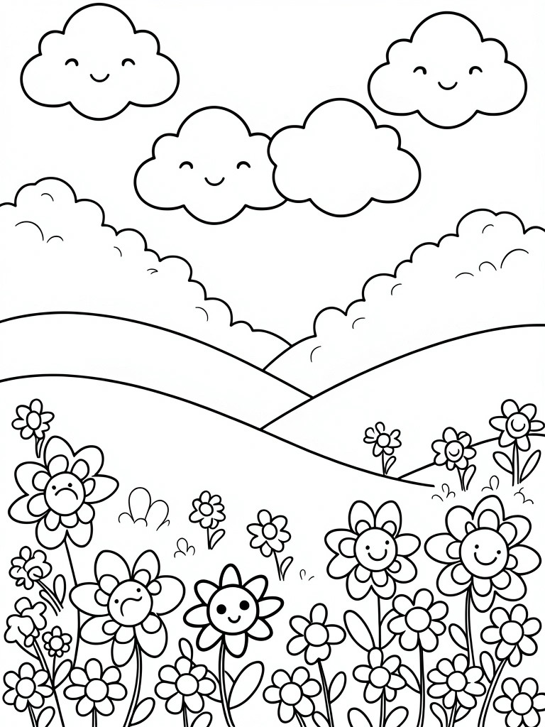 Coloring page showing a field of flowers with faces, rolling hills, and clouds with faces in the sky.