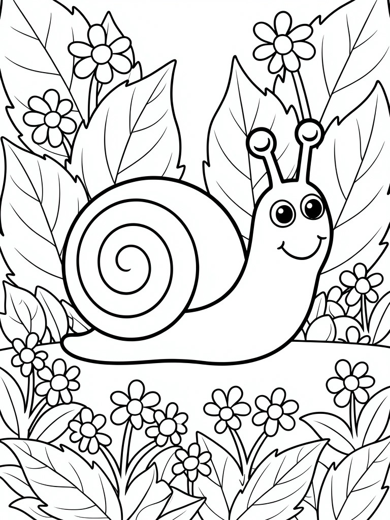 Cartoon snail with spiral shell smiling among flowers and leaves in garden