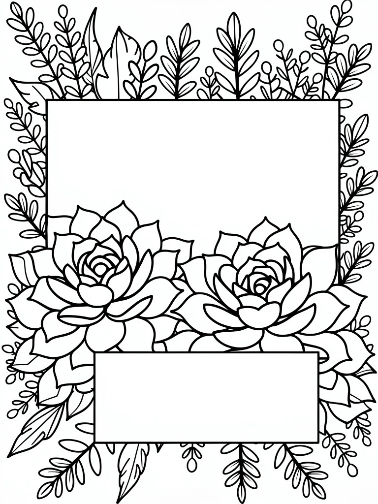 Line art succulents and foliage framing two blank rectangles in black and white.
