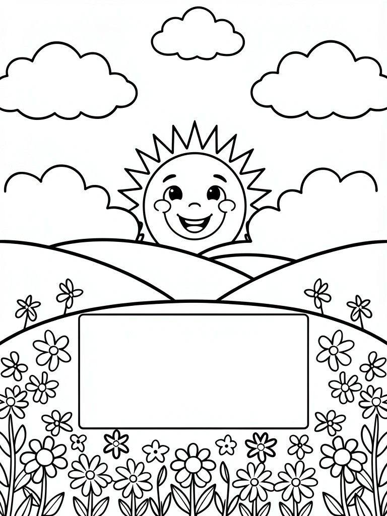 Smiling sun over hills with clouds, flowers, and blank rectangle below.