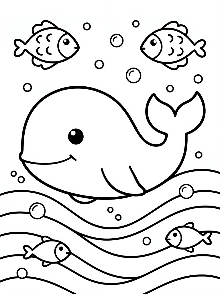 Black-and-white line drawing of whale, fish, bubbles, and ocean waves