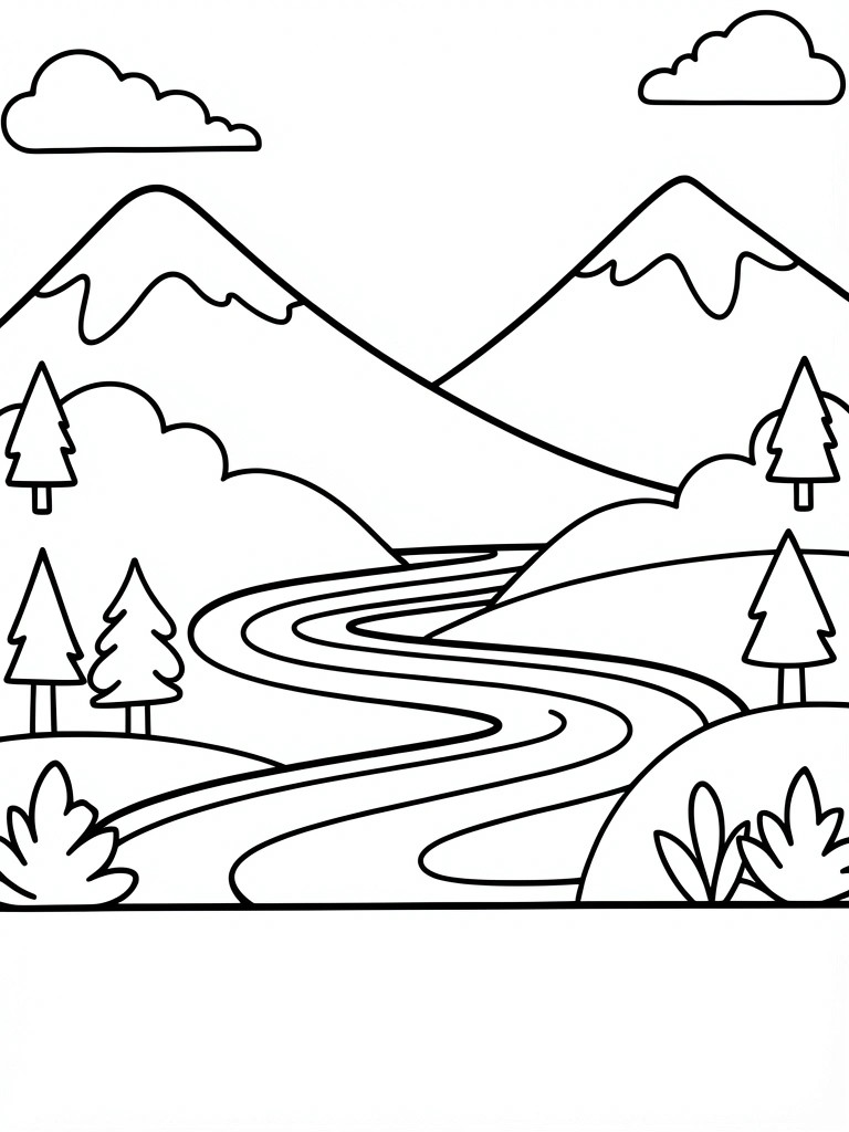 Line art landscape with winding river, mountains, pine trees and clouds