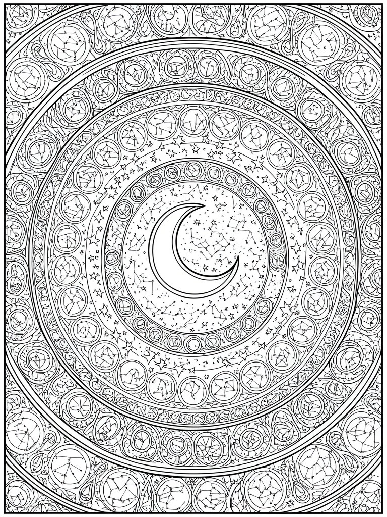 Coloring page with a central crescent moon inside multiple rings filled with constellation circles and stars.