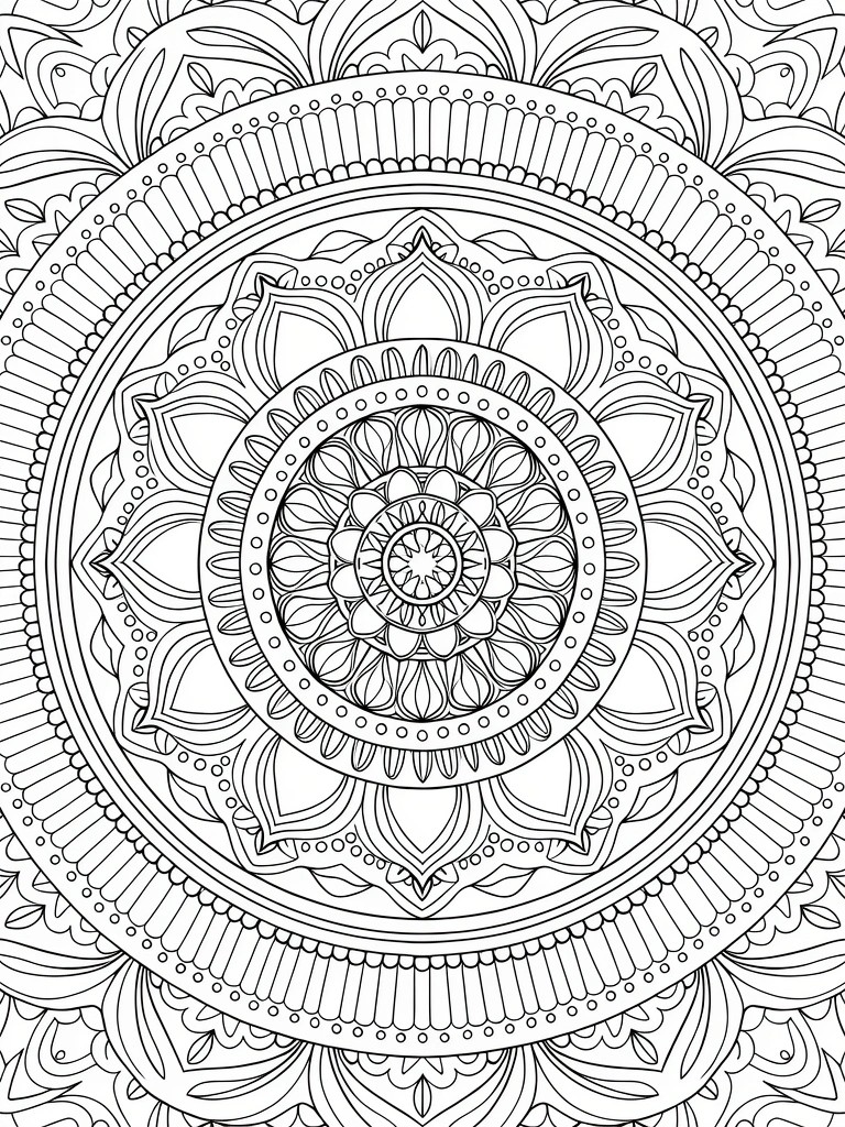 Intricate black-and-white mandala with concentric circles, floral motifs, and geometric patterns