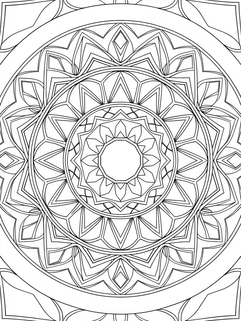 A black and white mandala coloring page featuring concentric circles with symmetrical petal and geometric patterns.