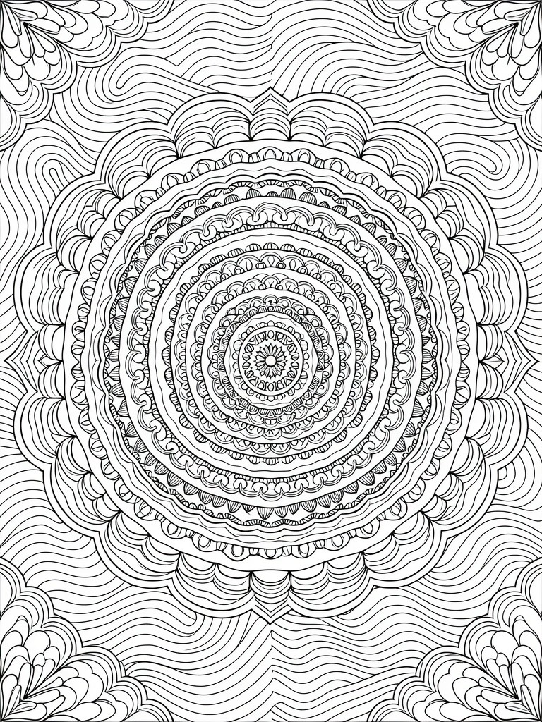 Intricate black and white mandala with layered circular patterns and wavy borders.