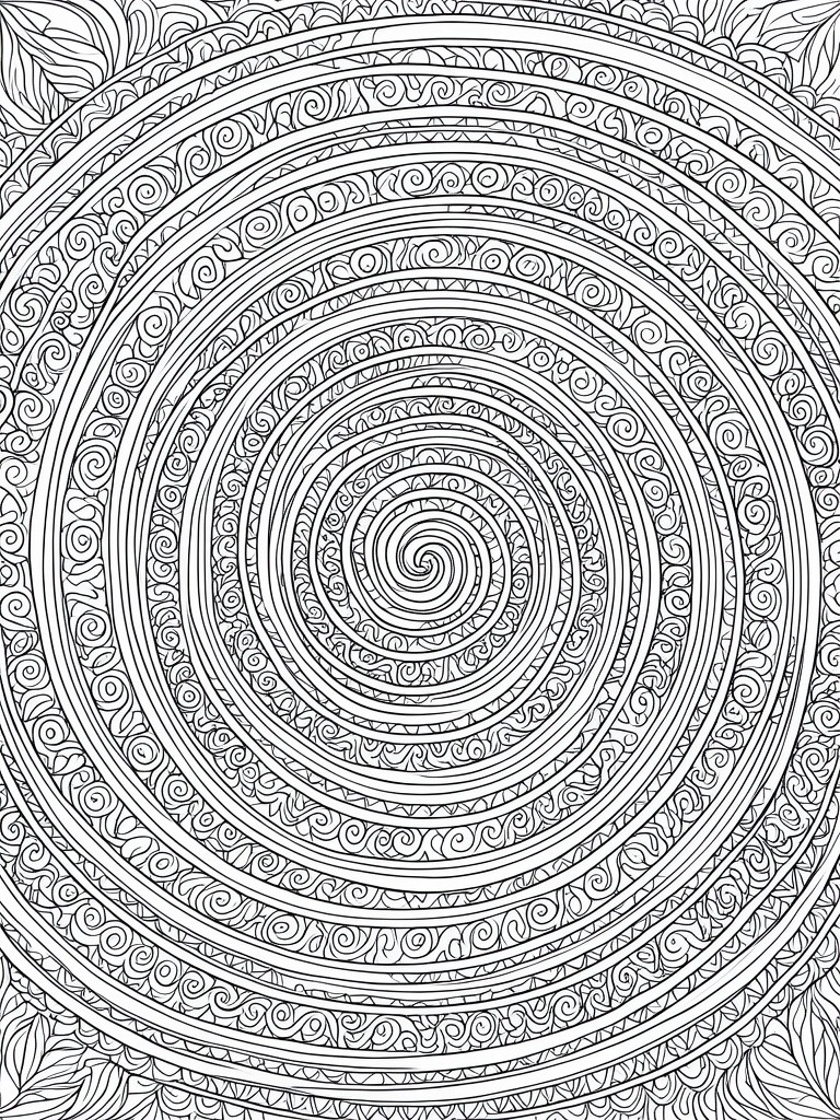 Intricate black and white mandala of concentric swirling circles with detailed patterns.