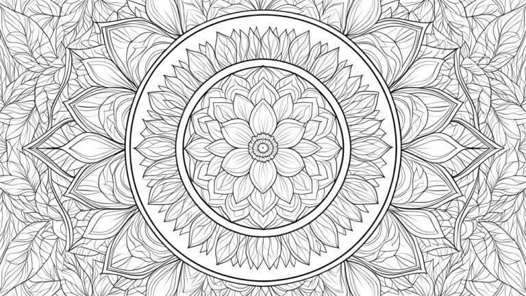 A black and white mandala coloring page with a central multi-petaled flower inside a circle and leaf patterns filling the outer area.