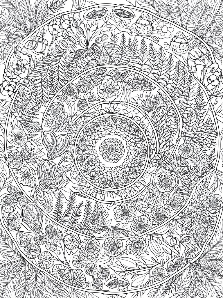 Intricate black-and-white mandala of layered floral and foliage patterns in circles