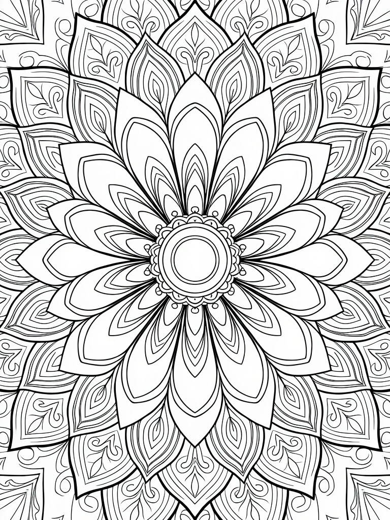 Black and white mandala coloring page with a large central flower and multiple layers of radiating petals and leaf shapes.