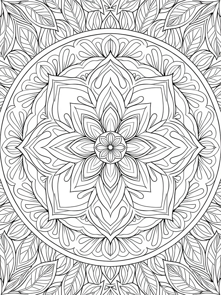 A black and white mandala coloring page with a central multi-petaled flower inside a circle and leaf patterns filling the outer area.