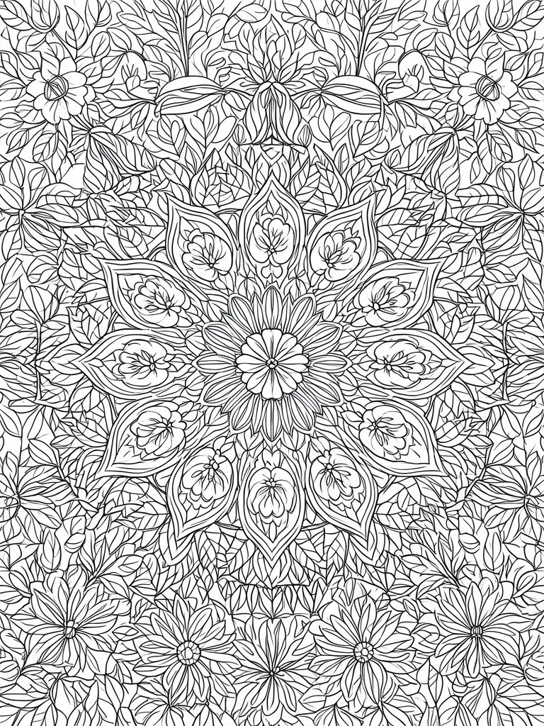 A black and white mandala coloring page with a central flower surrounded by layered petals, leaves, and smaller flowers arranged in symmetrical rings.