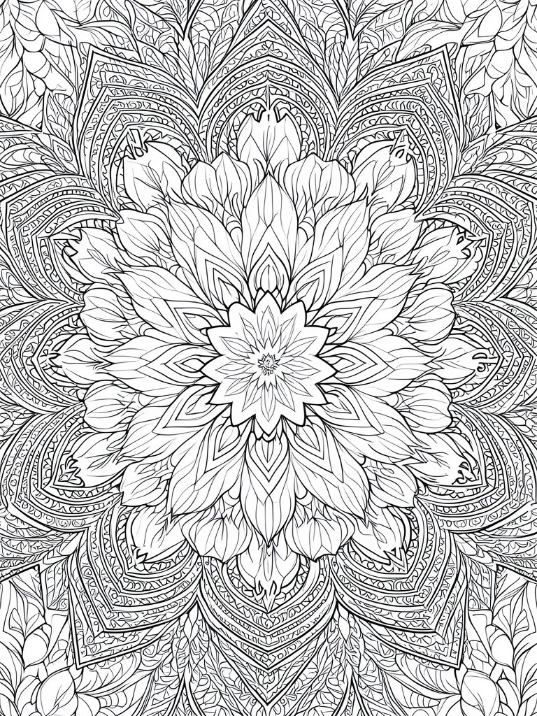 A black and white mandala coloring page with intricate floral and leaf patterns arranged in a circular symmetrical design.