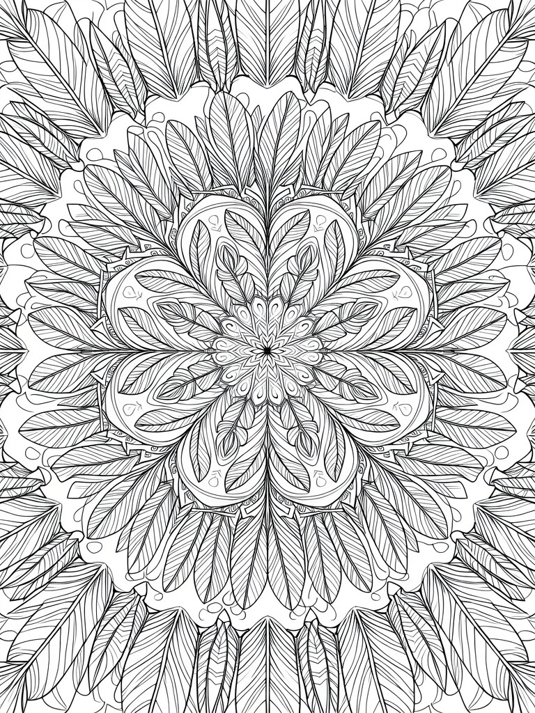 A black and white mandala coloring page with layered leaf and feather designs in a symmetrical circular pattern.