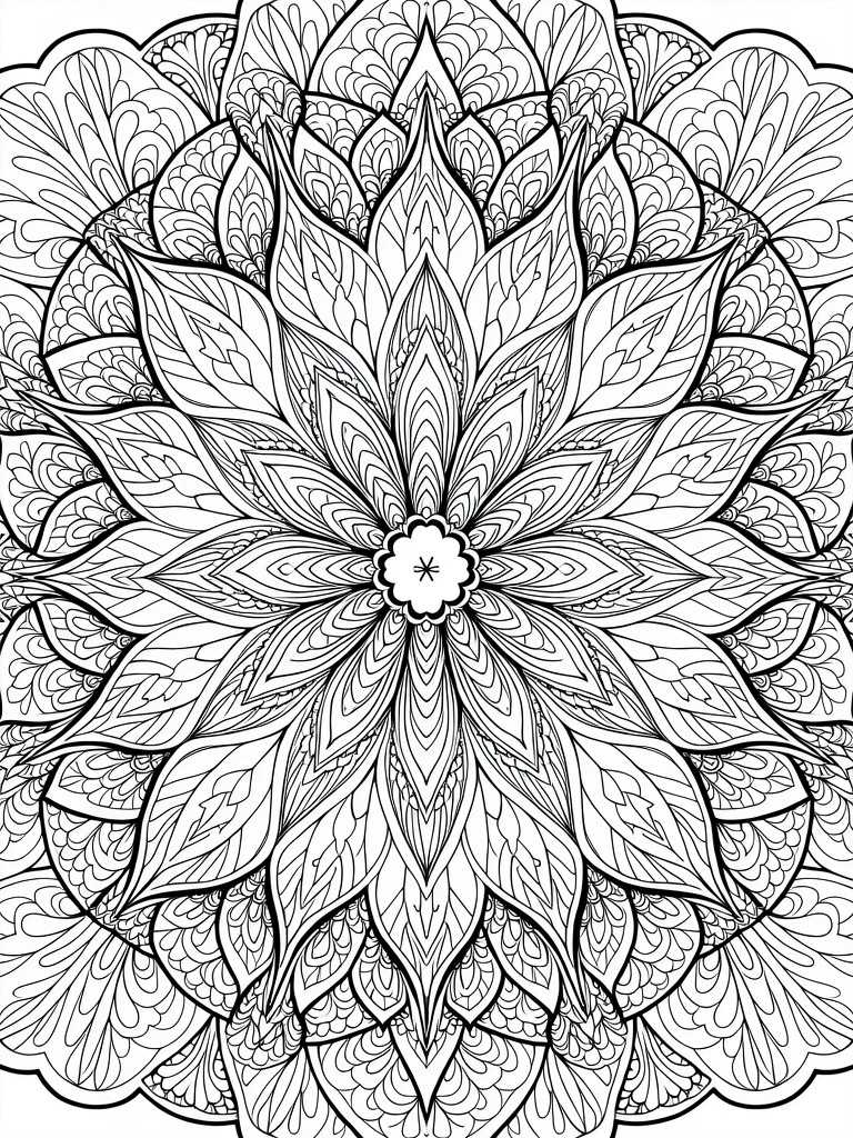 A black and white mandala coloring page featuring a central flower surrounded by multiple symmetrical layers of detailed petals and inner patterns.