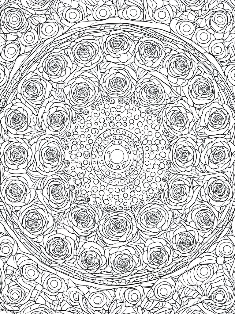 A black and white mandala coloring page with roses arranged in concentric circles around a central dotted circle and ring pattern.