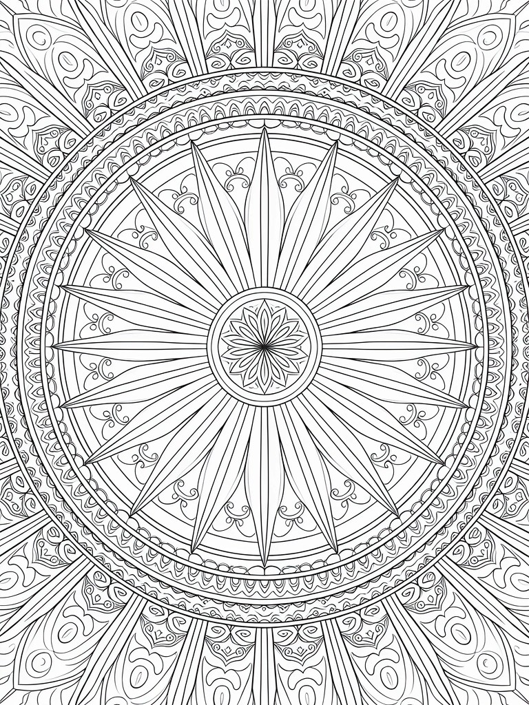 Intricate black-and-white mandala with central floral motif and radiating pointed rays