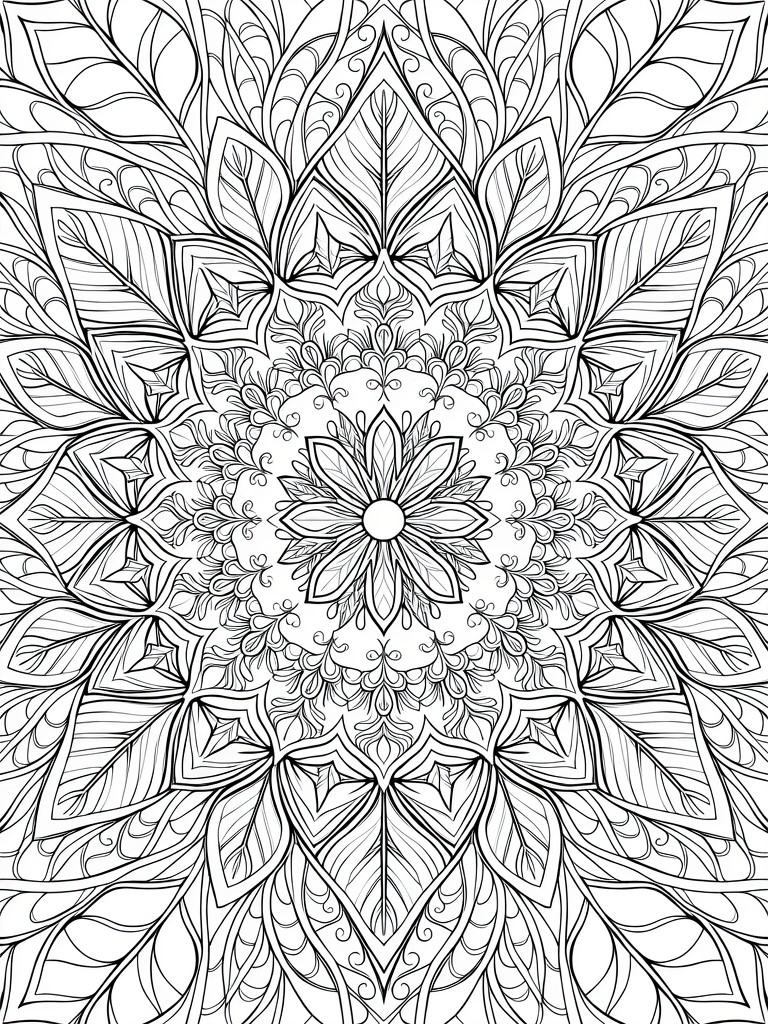 Intricate black-and-white mandala with floral and leafy patterns for coloring.