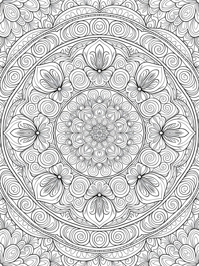 Intricate black-and-white mandala with floral motifs, swirls, and geometric patterns
