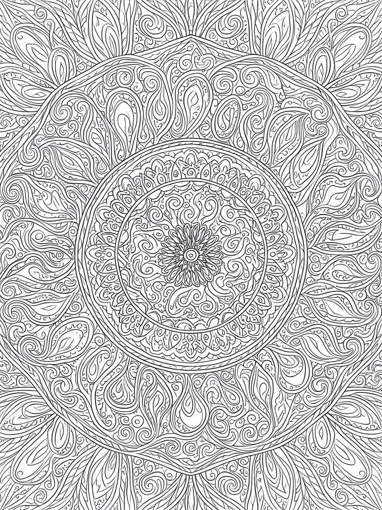 Intricate black-and-white mandala with central flower and ornate swirling paisley patterns.