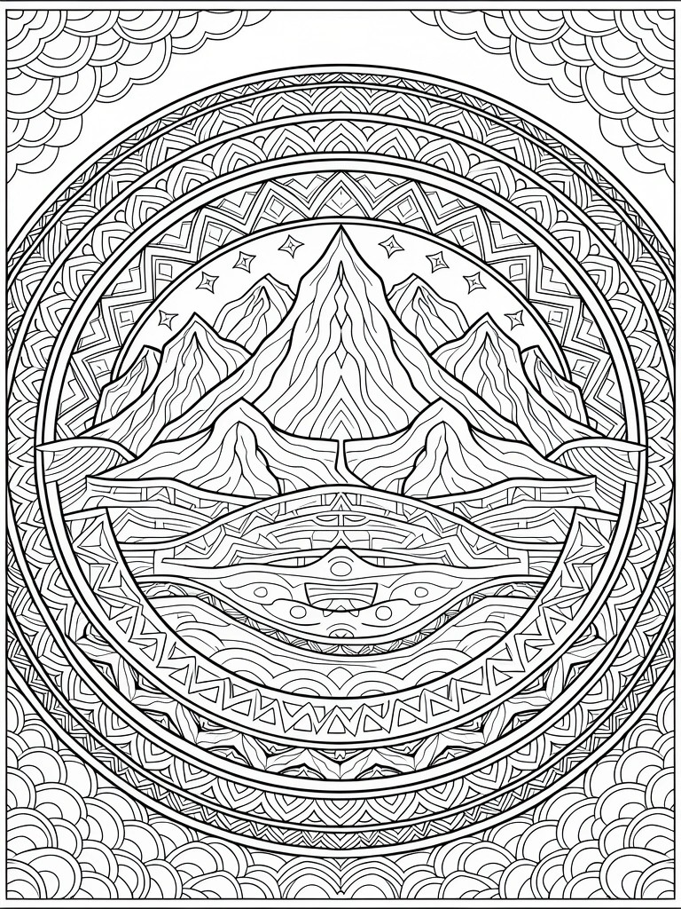 Intricate black-and-white mandala with mountain peaks, waves, and geometric patterns.