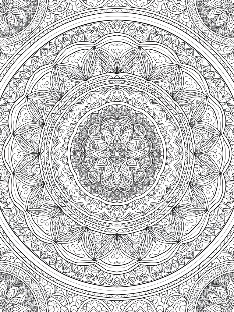 Intricate black and white mandala with symmetrical floral and geometric patterns in concentric circles.