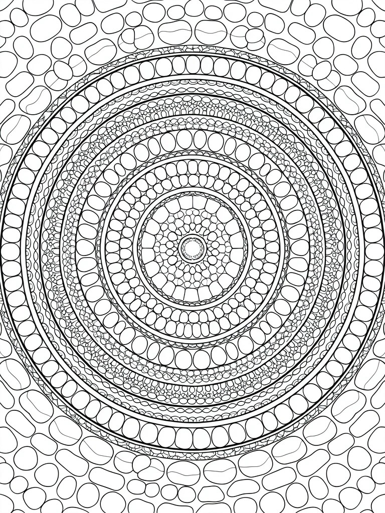 A black and white mandala coloring page with concentric rings of oval pebble shapes.