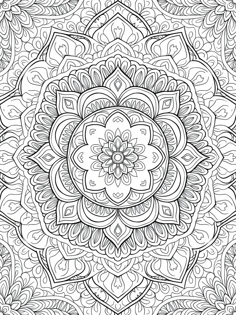 A black and white mandala coloring page featuring concentric rings of floral and geometric patterns.