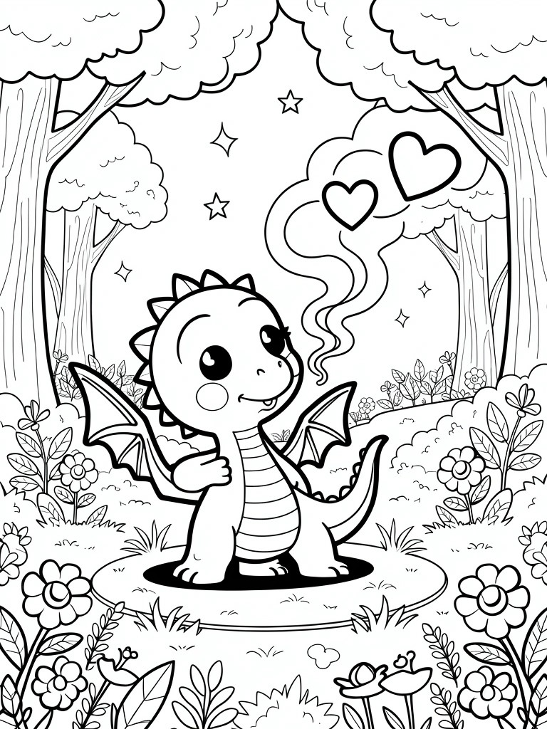A black and white line drawing of a cute baby dragon standing in a forest clearing with trees, flowers, stars, and heart shapes in the background.