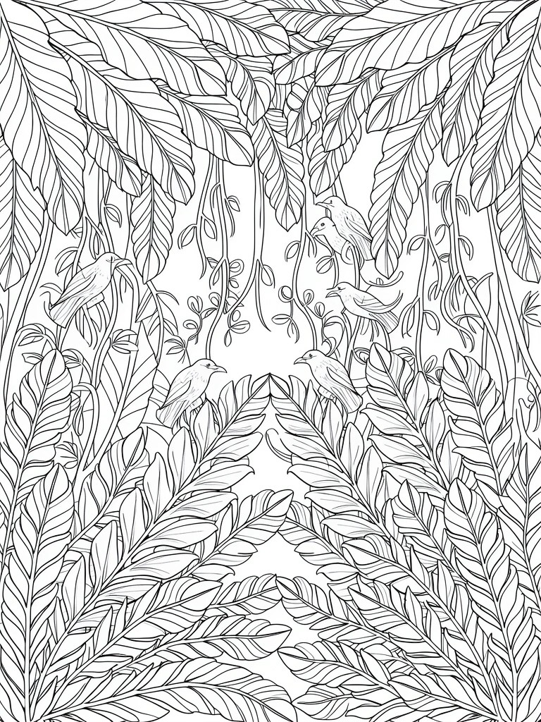 A black and white line drawing of a dense jungle scene filled with various leaves, vines, and several birds perched among the foliage.