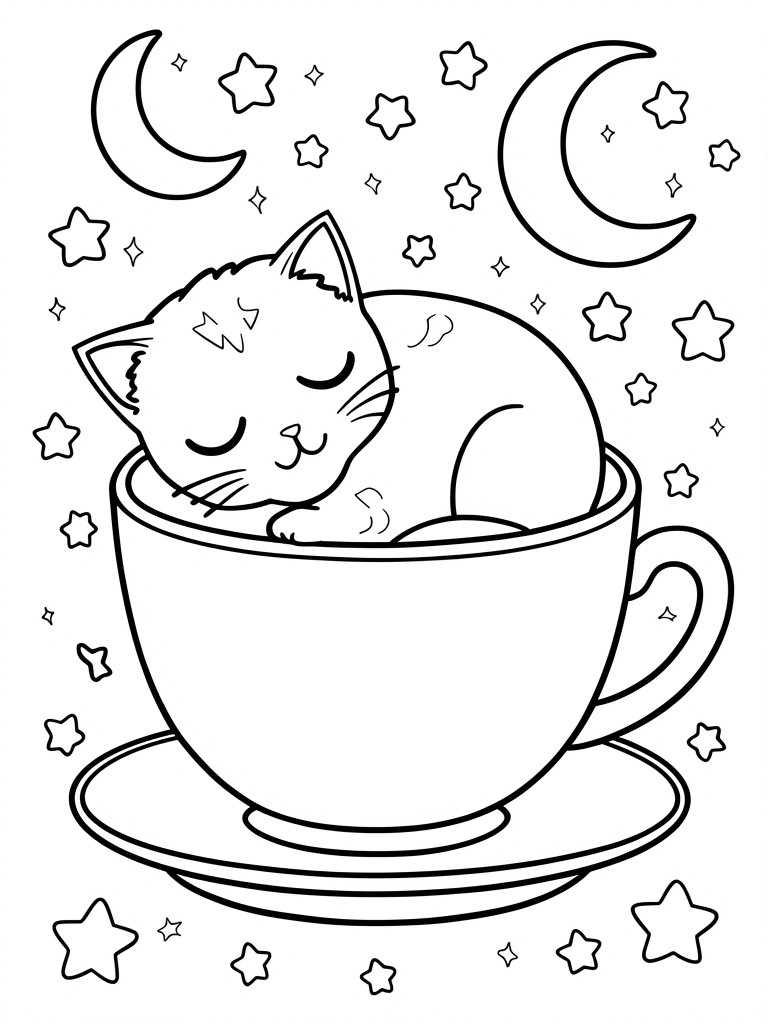 A black and white line drawing of a sleeping cat curled inside a teacup, with stars and crescent moons scattered around it.