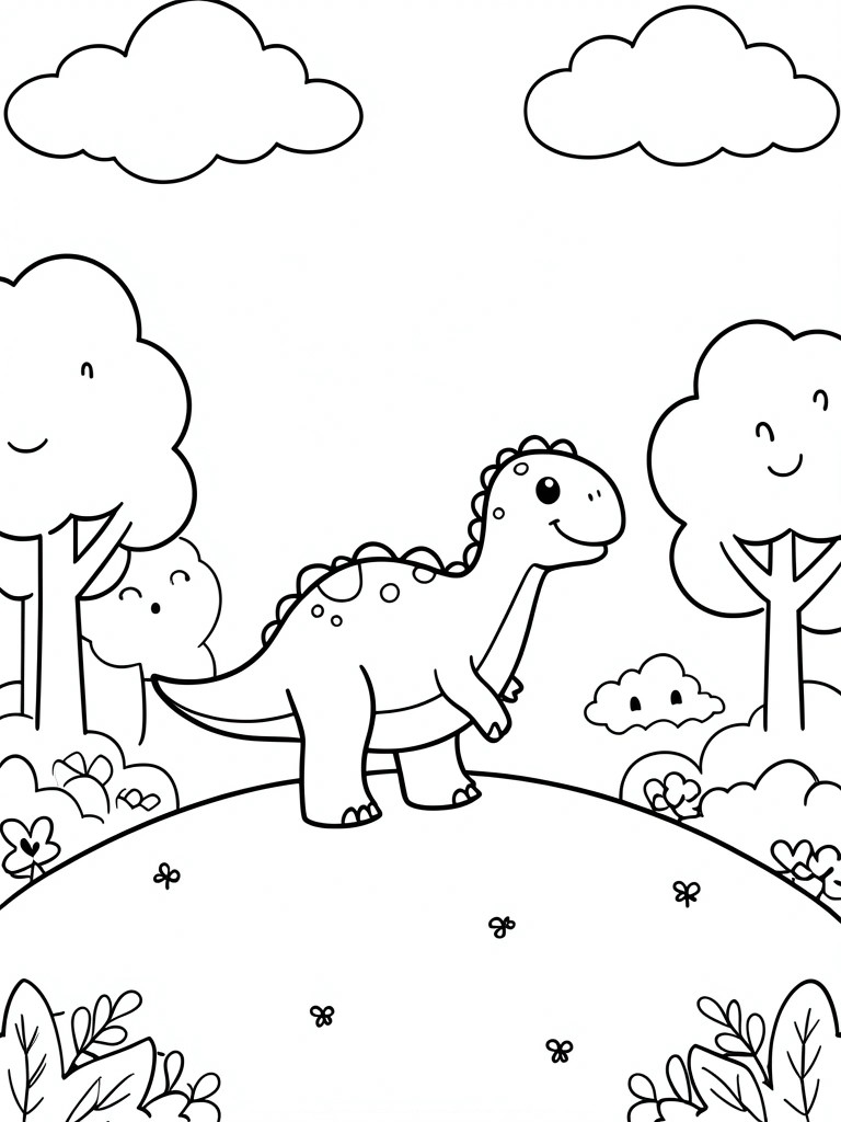 Black and white line drawing of a smiling dinosaur on a hill with trees, clouds, flowers, and butterflies.