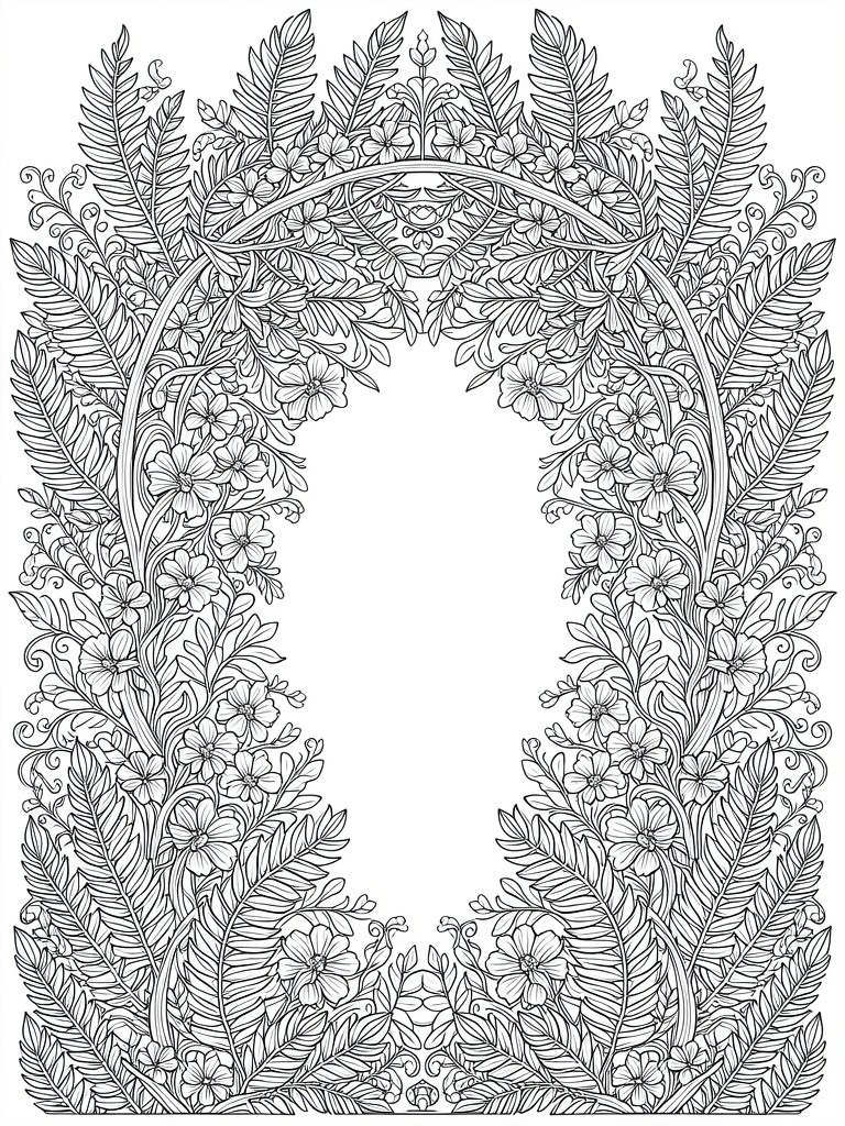 Intricate black and white line drawing of a floral arch with leaves and flowers.