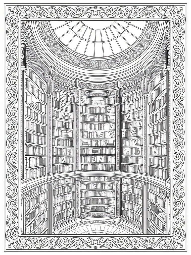 Ornate circular library with towering bookshelves under a domed skylight ceiling