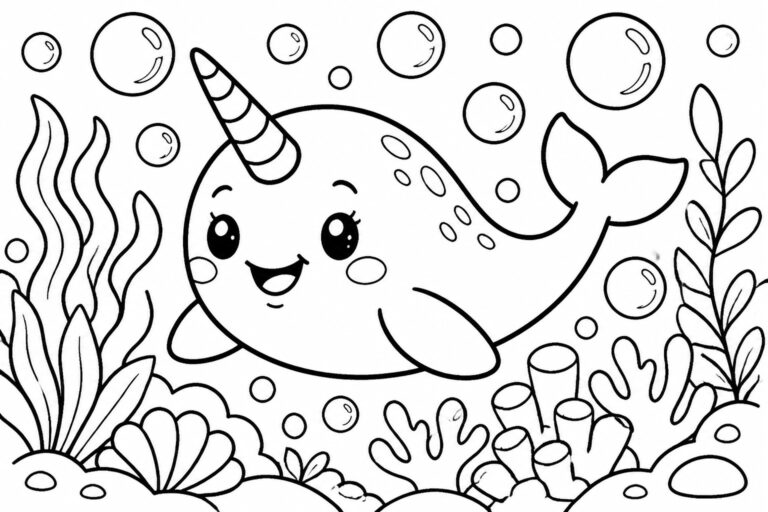 A black and white line drawing of a smiling narwhal with a striped horn surrounded by bubbles and seaweed.