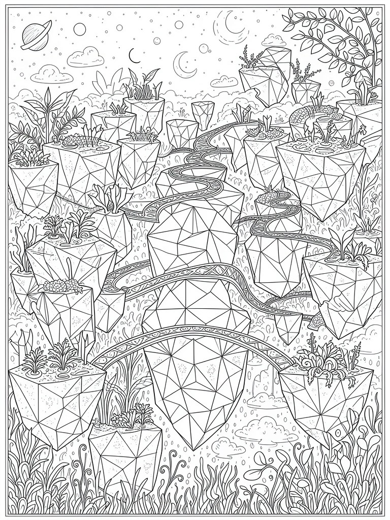Line art of floating faceted crystals with plants and winding paths under stars